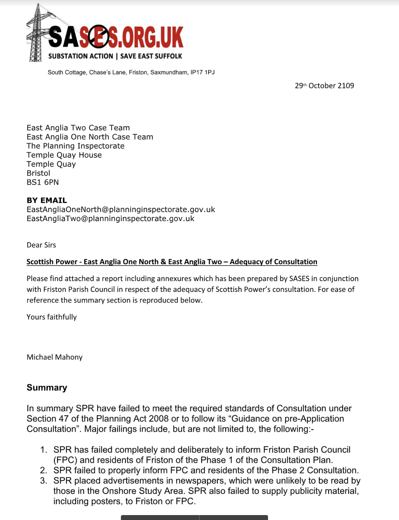 SASES letter to PINS EA1N & EA2 Consultations not acceptable page 1.