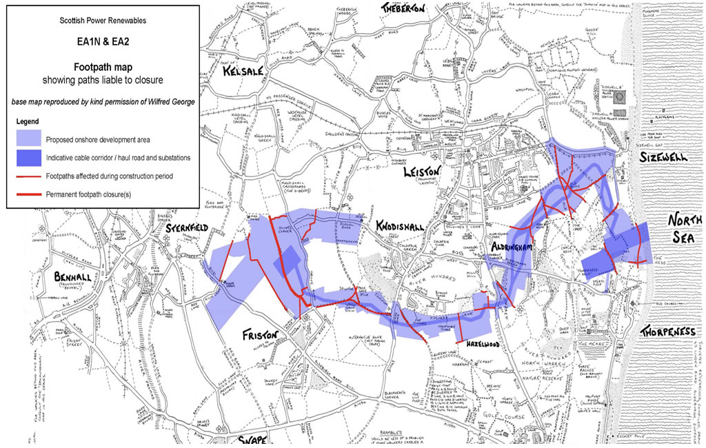 Illustration of the effects of EA1N & EA2 on the Suffolk Coasts footpaths and public rights of way.