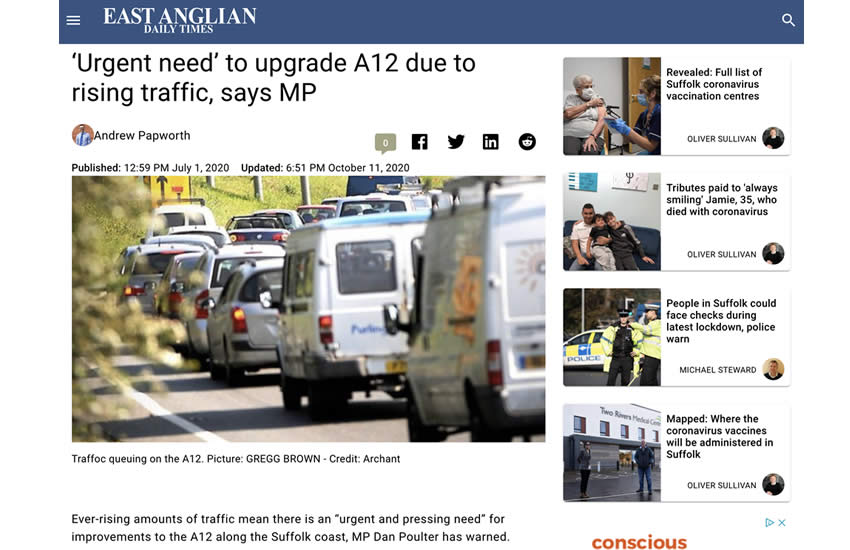 EADT - Suffolk MP calls for urgent improvements to A12
