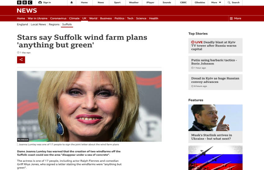 BBC News Stars criticise Suffolk wind farm onshore proposals